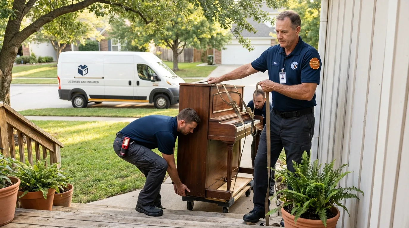 Licensed piano movers securing grand piano in Fiskdale, MA