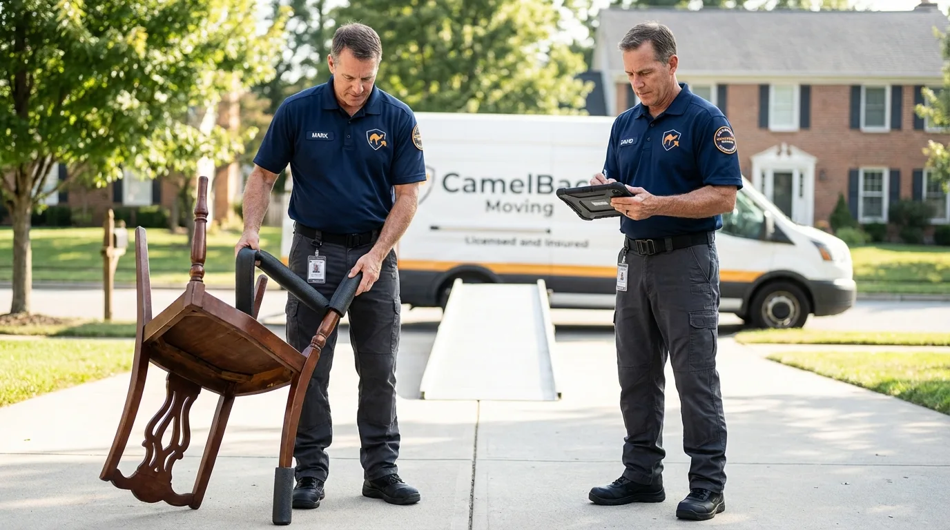Movers inspecting furniture for damage prevention before loading in Fiskdale, MA