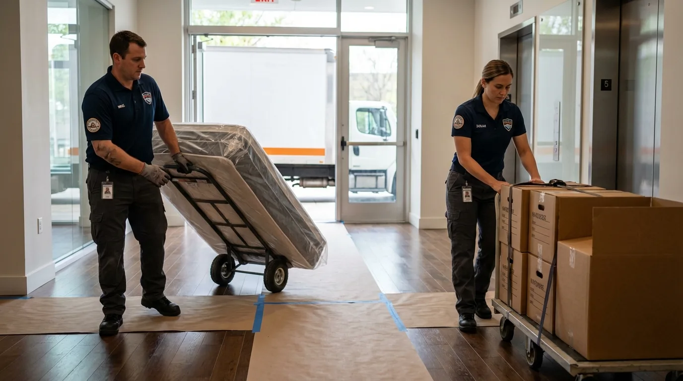 Professional apartment movers loading elevator in Fiskdale, MA