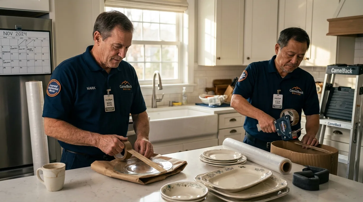 Professional crew packing kitchen dishware in Fiskdale, MA